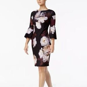Calvin‎ Klein Black Pink Floral Bell Sleeve Stretch Crepe Sheath Dress Size 4